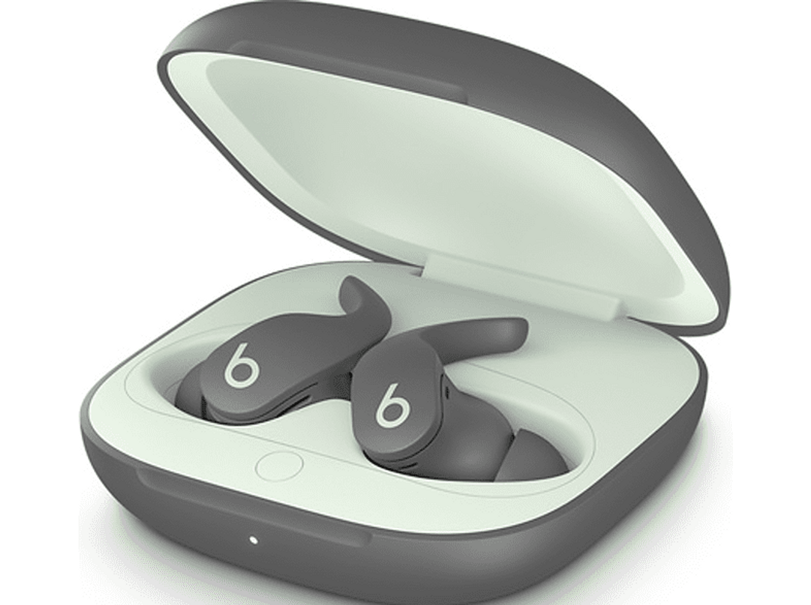 Ciemnoszare słuchawki Beats z otwartym etui ładującym.