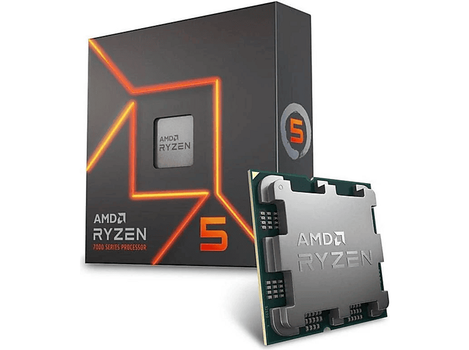 Pudełko i procesor AMD Ryzen 5. Pudełko jest czarne z pomarańczowymi akcentami, a procesor srebrny.
