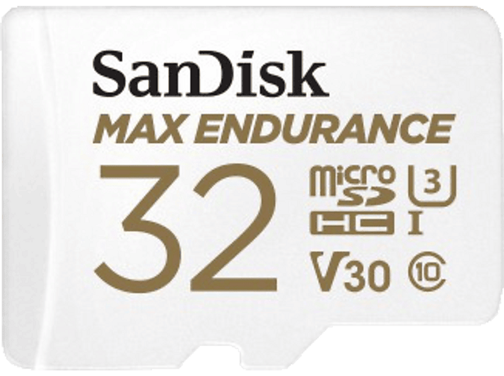 Weiße und goldfarbene Sandisk Micro-SD-Karte mit der Aufschrift „32“ und „MAX ENDURANCE“. Weißer Hintergrund.