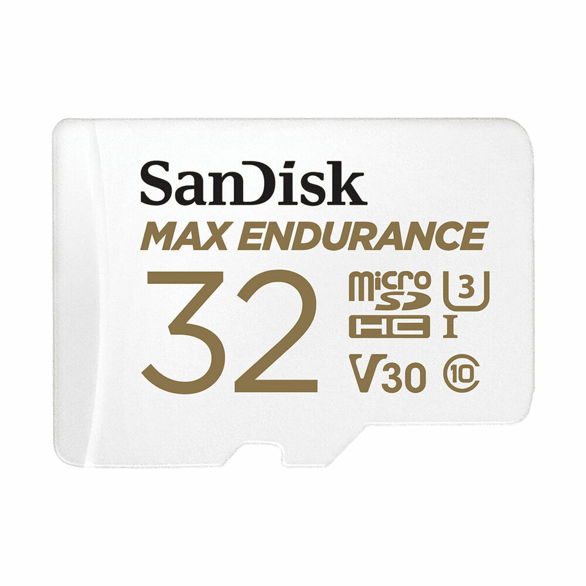 Weiße SanDisk Max Endurance microSD-Karte. 32GB Kapazität, schwarzer Text auf weißem Grund.