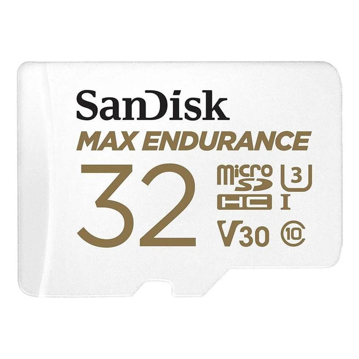Weiße SanDisk 32GB Micro-SD-Karte mit Text und Logos. Weißer Hintergrund.