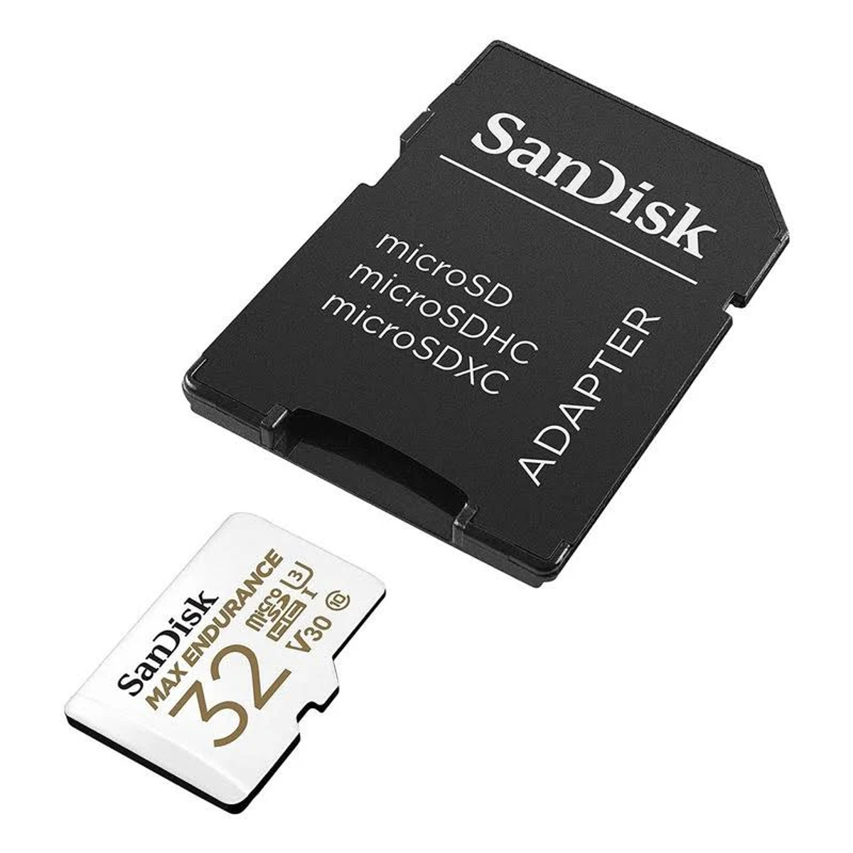 SanDisk microSD-Karte und Adapter. Schwarzer Adapter und kleine weiße Karte. Mit Spezifikationen beschriftet.