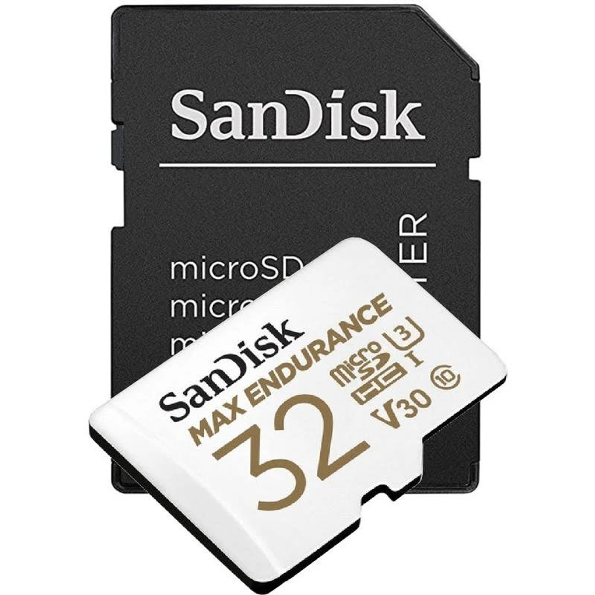 Eine Sandisk MicroSD-Karte mit dem Text 'MAX ENDURANCE 32' auf weißem Hintergrund.