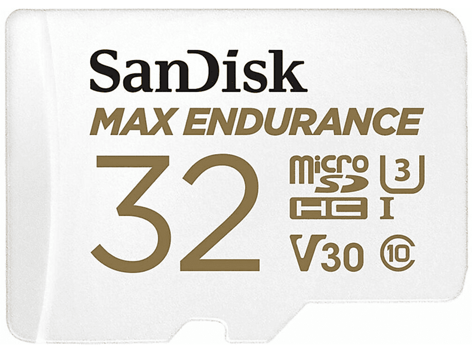Sandisk Micro SD-Karte, weiß mit goldenem Text. Weißer Hintergrund.