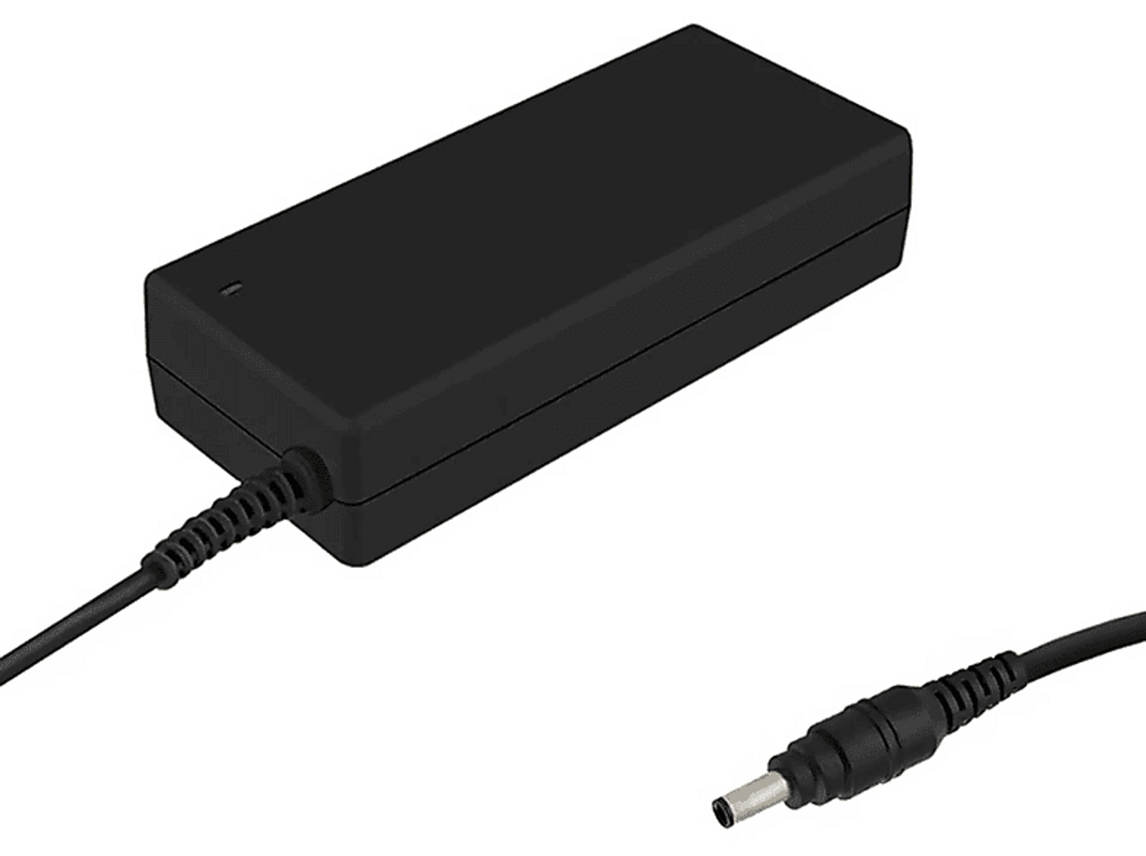 Schwarzes Netzteil mit Kabel und Stecker auf weißem Hintergrund.