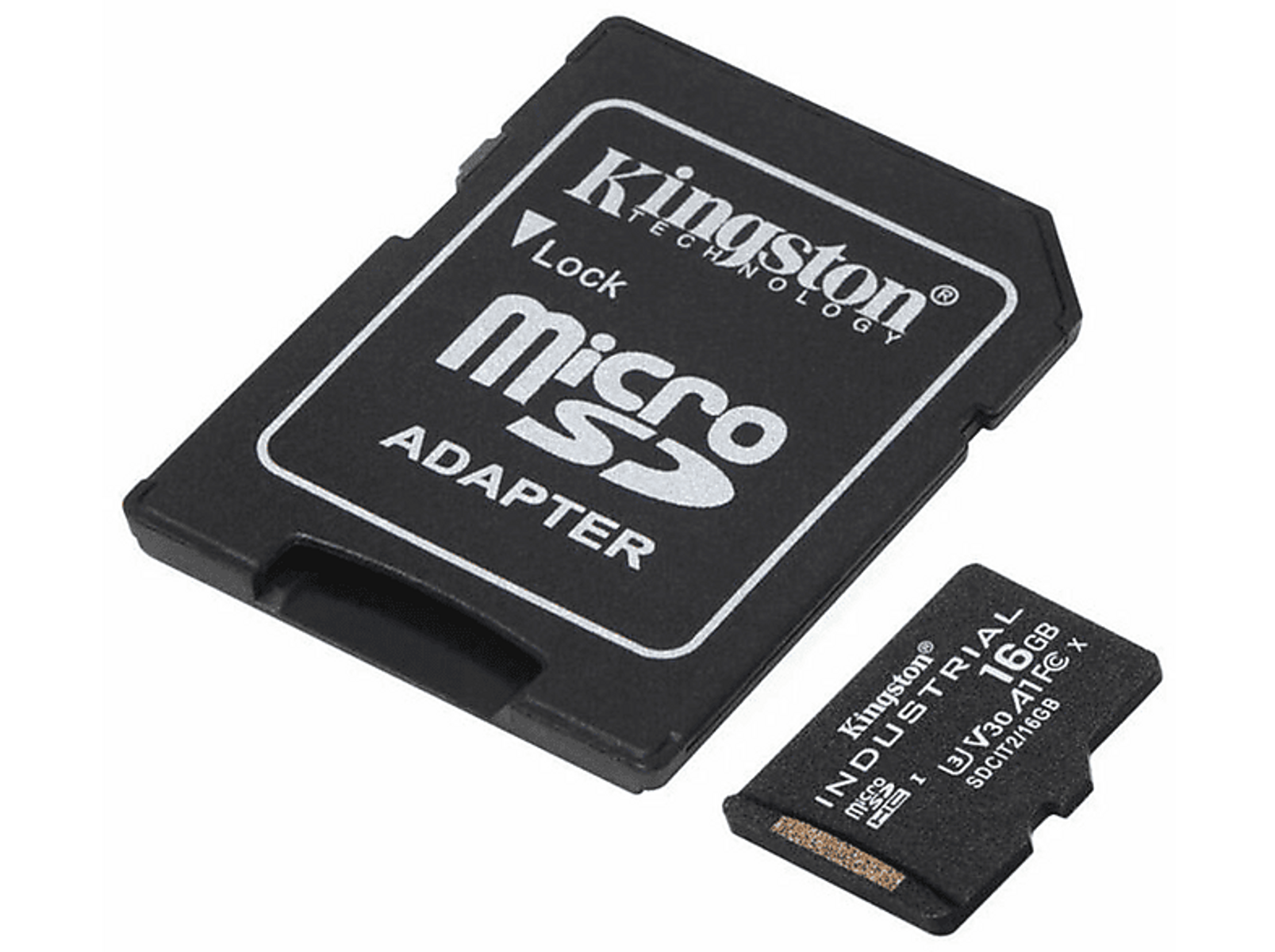 Czarny adapter Kingston Micro SD i karta Micro SD 16 GB z tekstem i logo Kingston.