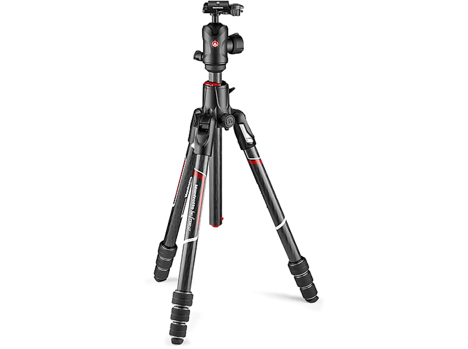 Schwarzes Stativ mit roten Akzenten und Manfrotto-Logo auf den Beinen.