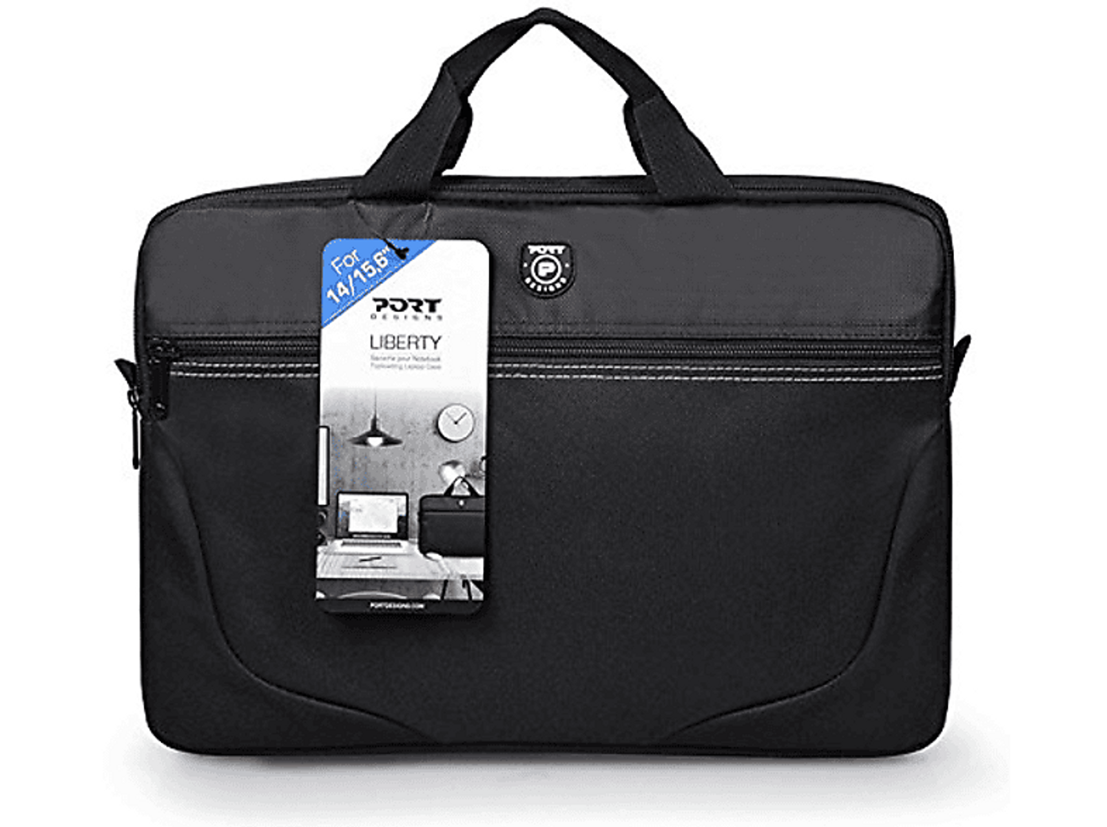 Borsa per laptop nera con cuciture bianche, etichetta e manico. Marchio Port Designs.