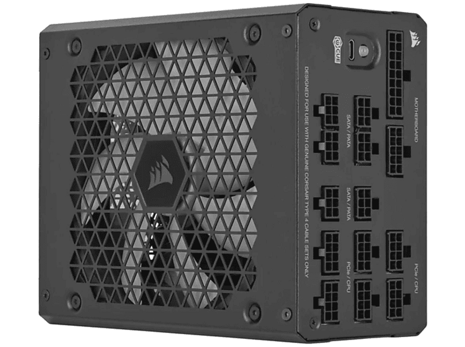 Czarny zasilacz Corsair, z wentylatorem i portami, do budowy komputera. Marka widoczna.