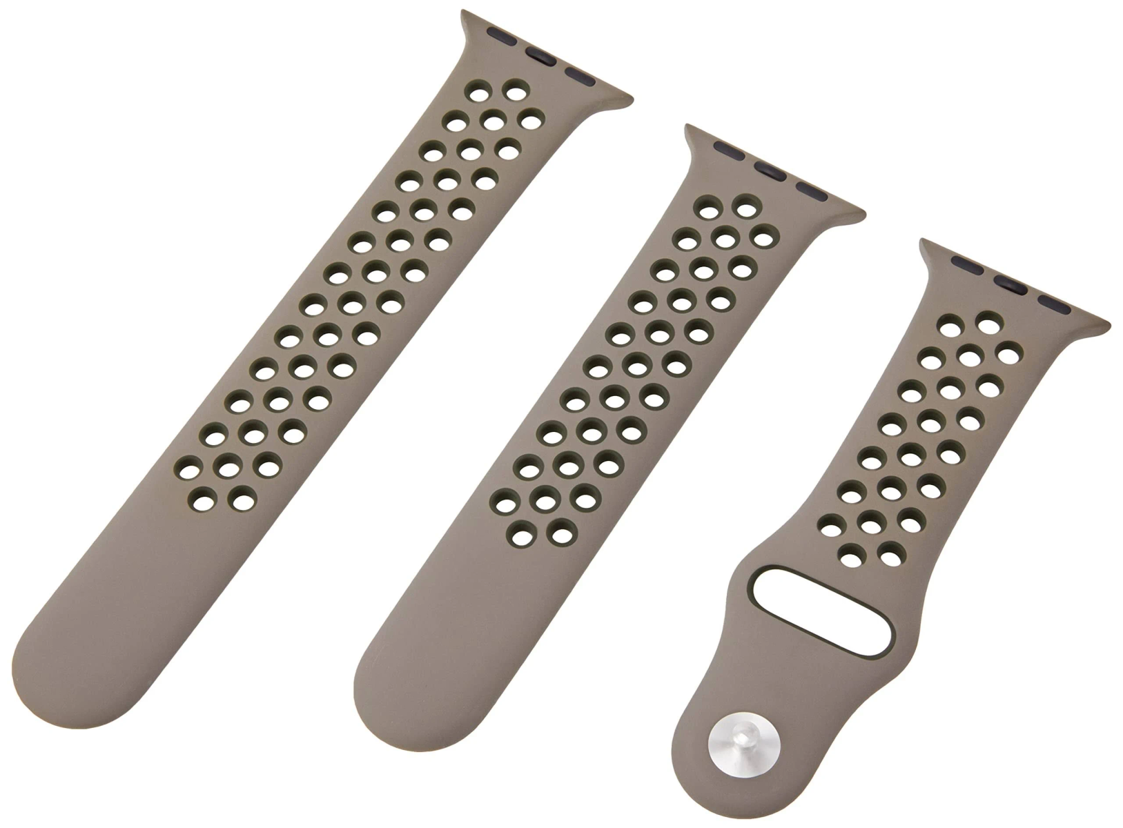 Three watch bands, perforated, and in different sizes.