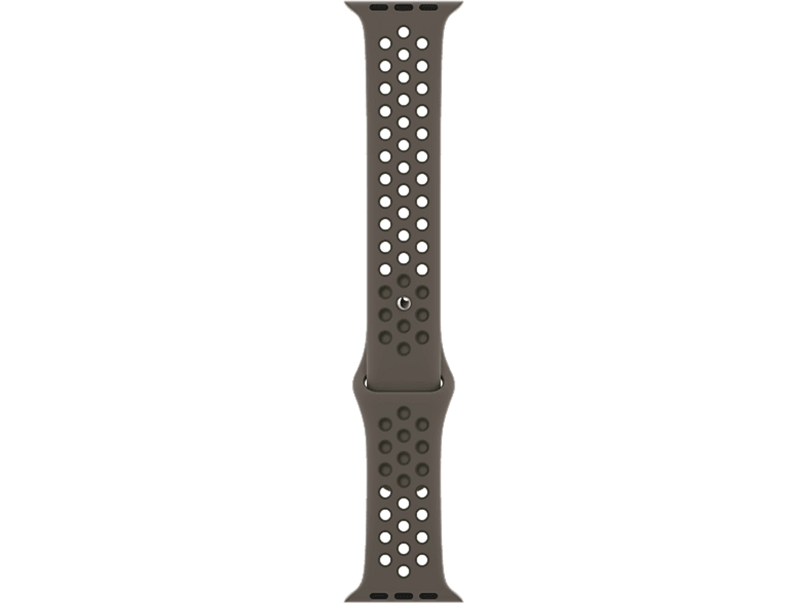 Dark grey Apple Watch band with small holes. The band is flat.