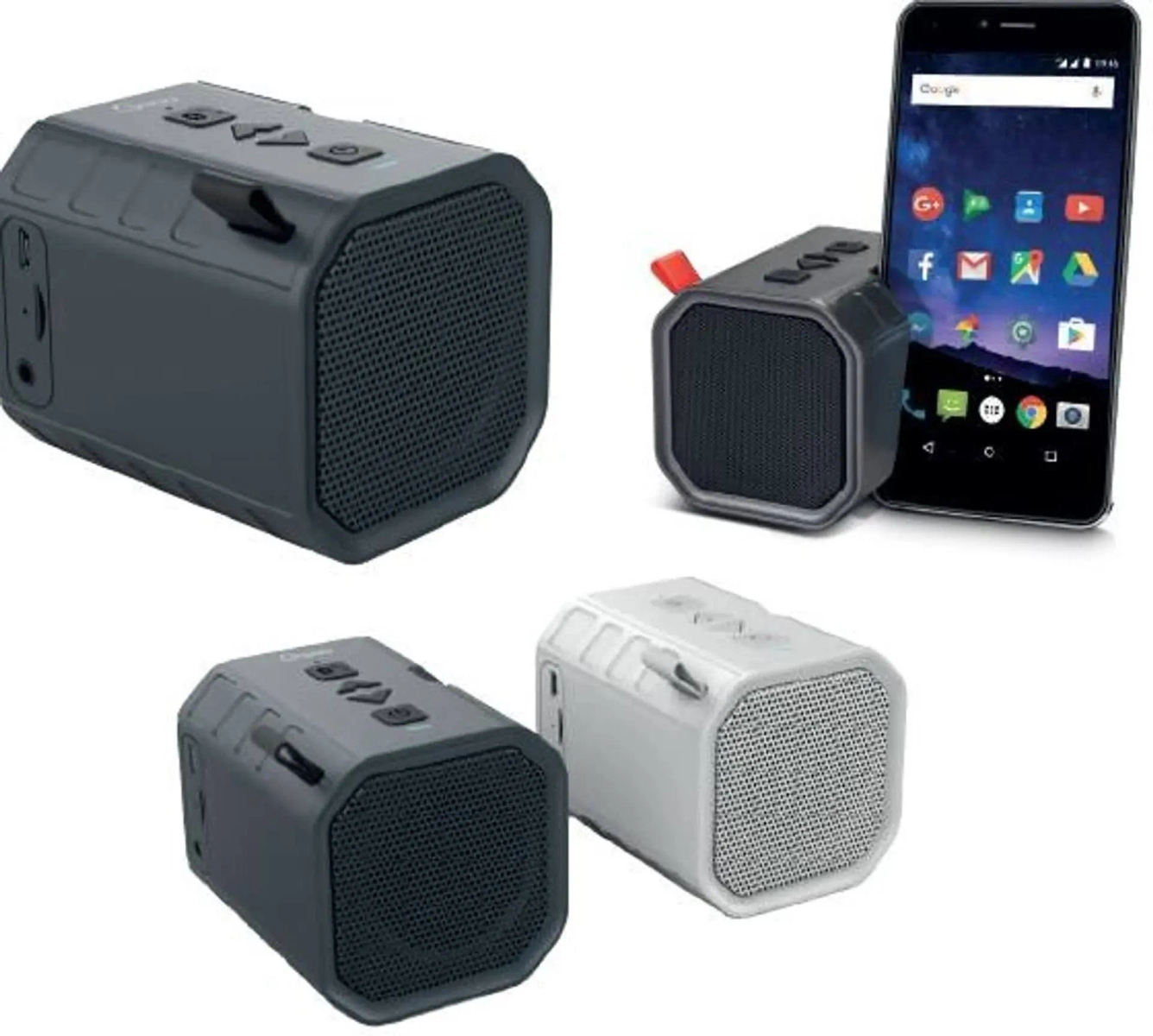 Più altoparlanti e uno smartphone. Gli altoparlanti sono neri e grigi.