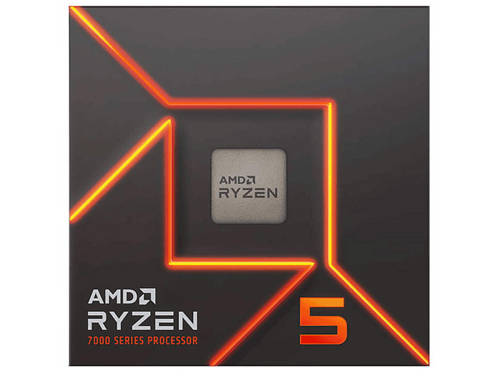 AMD Ryzen Prozessorbox. Die Box ist schwarz mit orangen Lichtern und dem Ryzen 5 Logo.