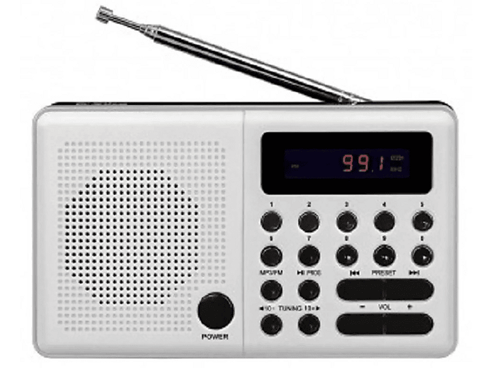 Ein weißes Radio mit schwarzem Bildschirm, der 99,1 anzeigt. Knöpfe für verschiedene Funktionen sind darunter.