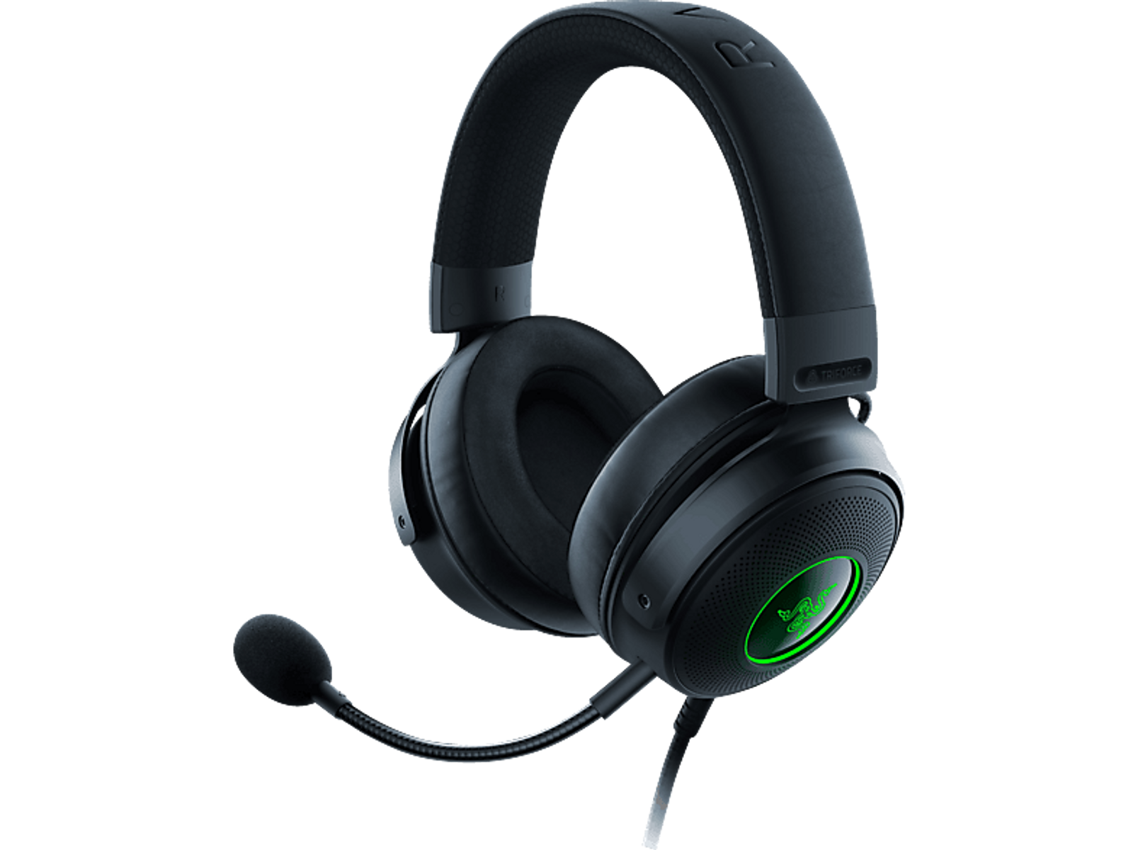 Schwarzes Gaming-Headset mit Mikrofon. Das Razer-Logo ist auf dem Ohrmuschel zu sehen.