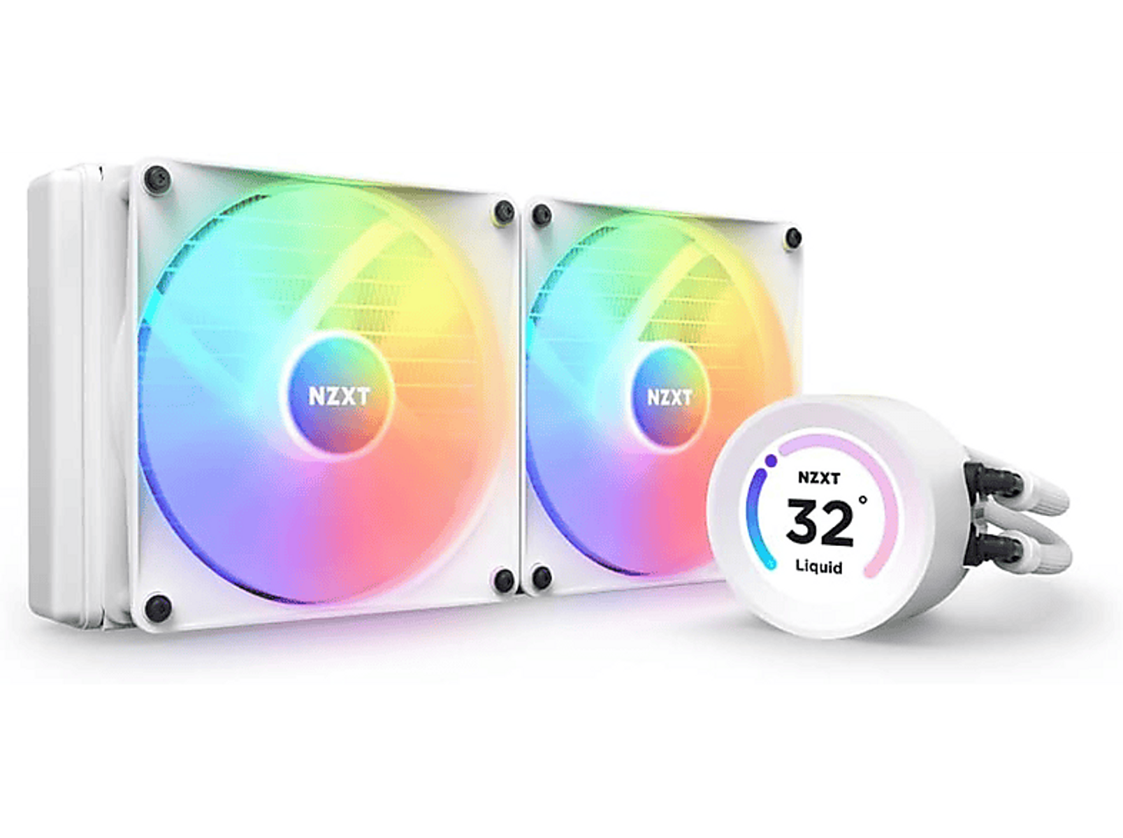 Chłodzenie cieczą NZXT z dwoma wentylatorami i okrągłym wyświetlaczem.
