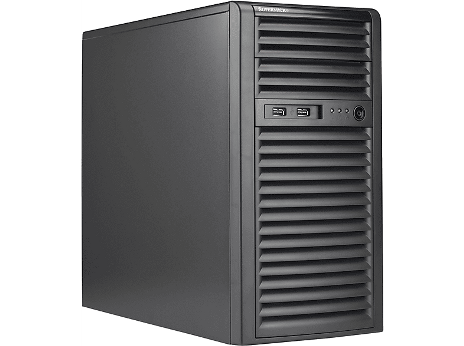 Czarna obudowa komputera z panelem przednim z portami USB i przyciskiem zasilania.