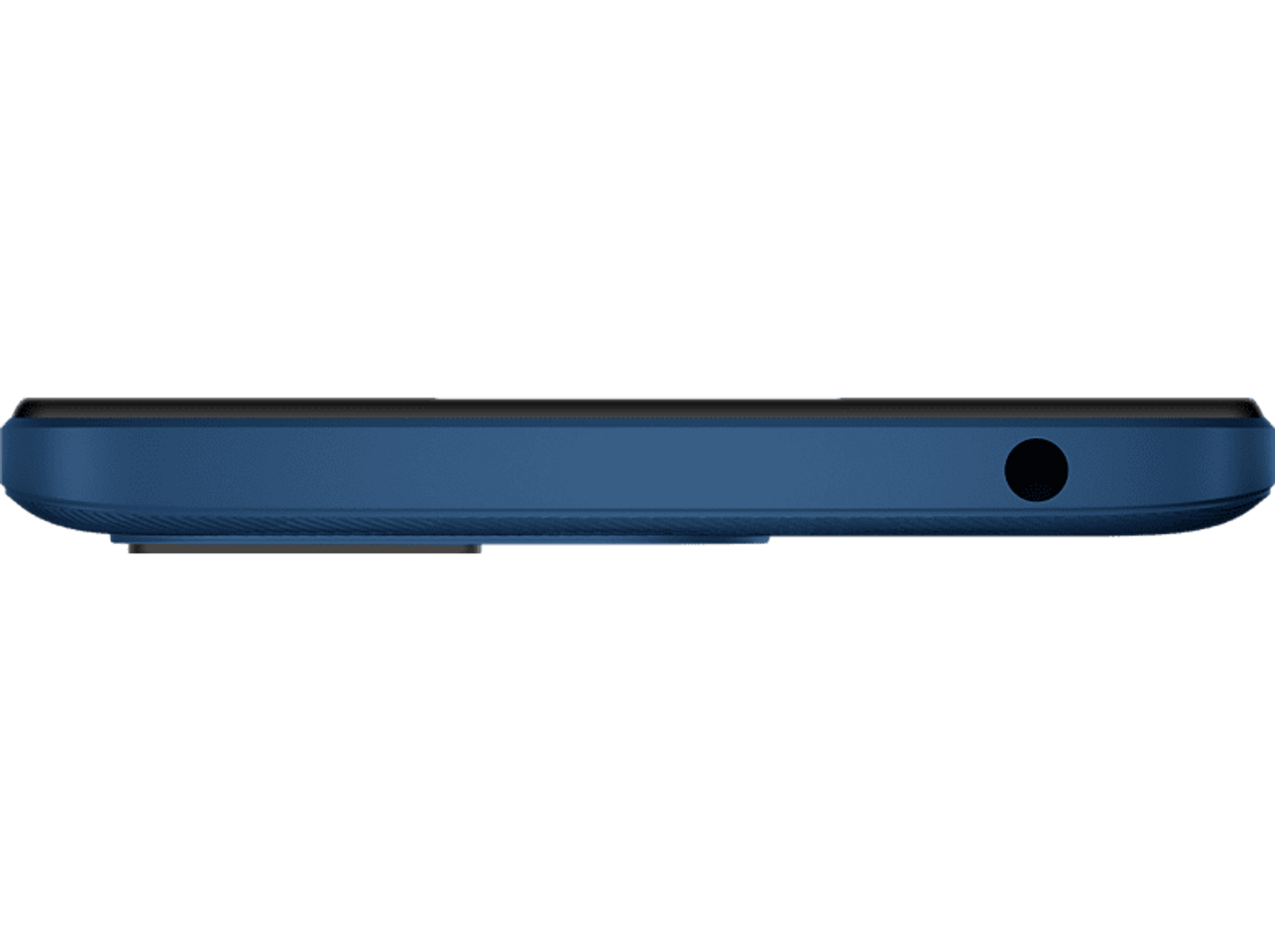 Vista lateral de un teléfono azul. Tiene un agujero y una pequeña parte.