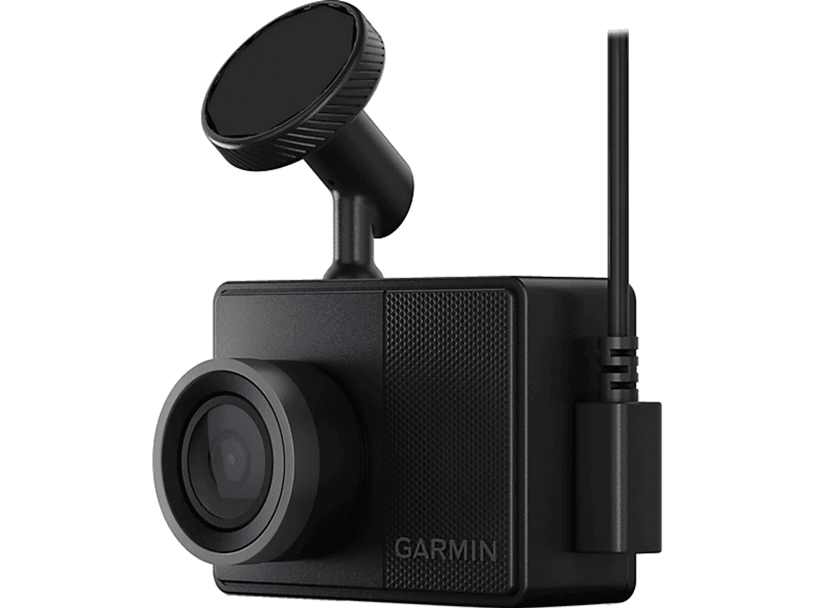 Dashcam negra con lente, soporte y cable. Logotipo de Garmin visible.