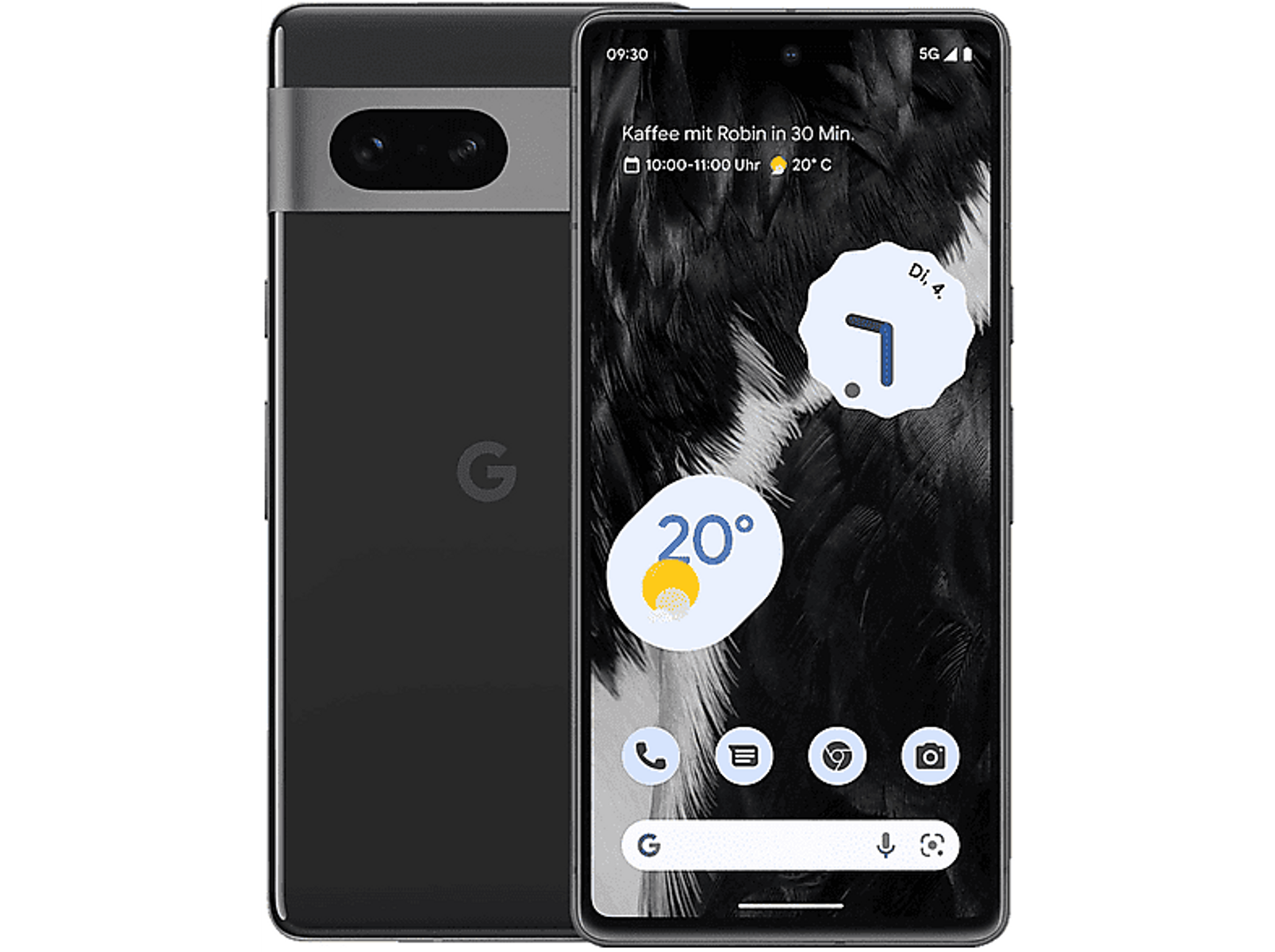 Czarny i szary smartfon Google Pixel 7, z tyłem i ekranem skierowanym do widza.