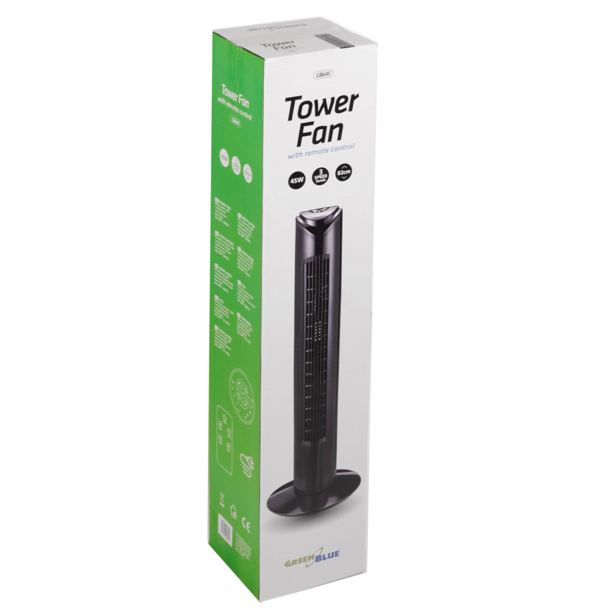 Ventilatore a torre in scatola con specifiche, su sfondo bianco, con scatola verde e nera.