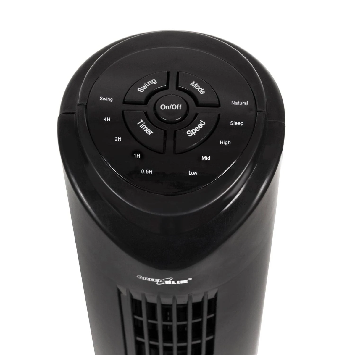Pannello di controllo del ventilatore a torre nero con pulsanti per oscillazione, timer e velocità.