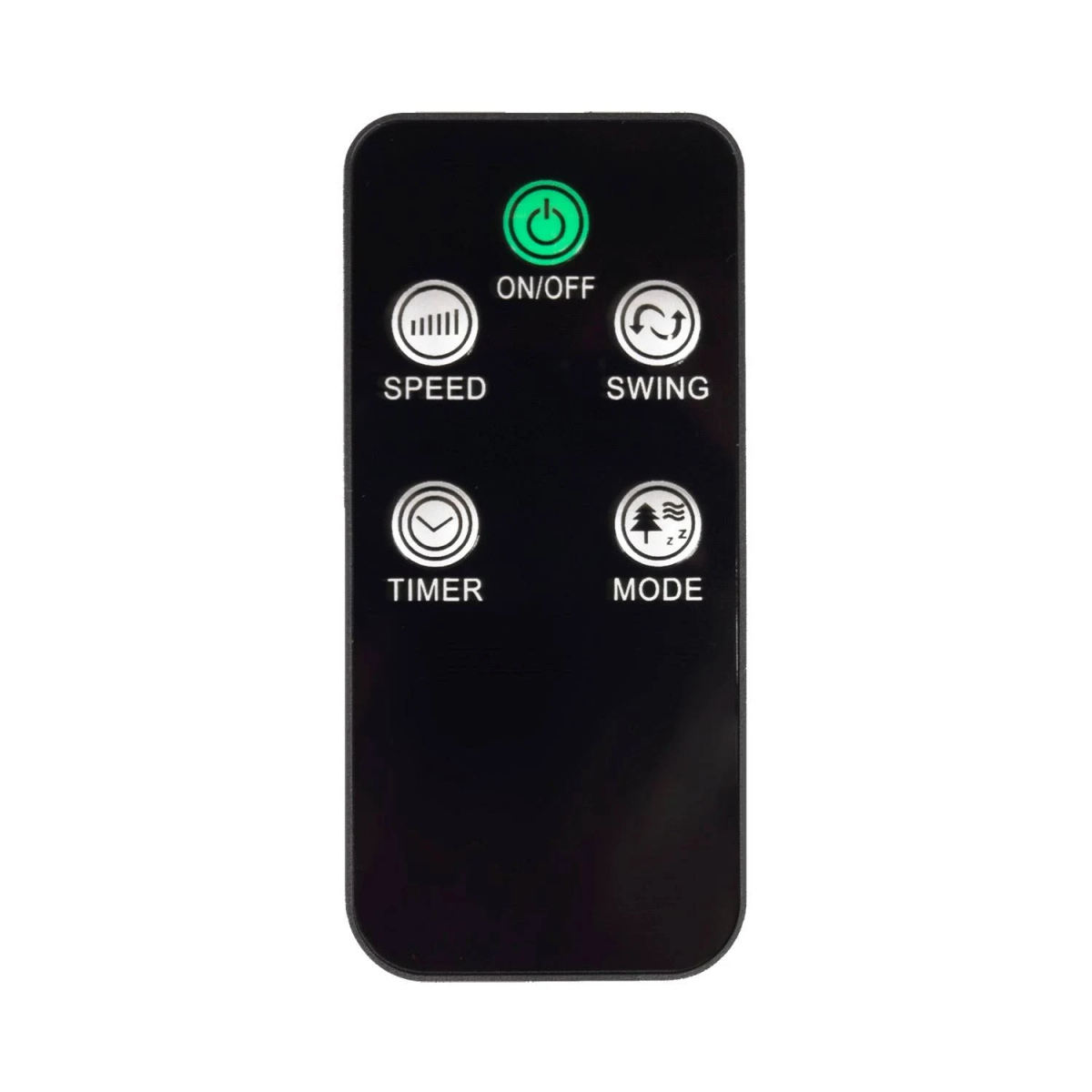 Telecomando nero con pulsanti per accensione/spegnimento, velocità, oscillazione, timer e modalità su sfondo bianco.