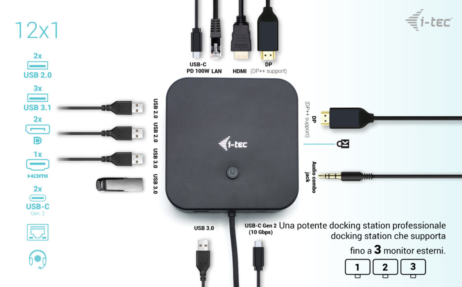 Een zwart docking station met diverse poorten en aansluitingen op een wit oppervlak.