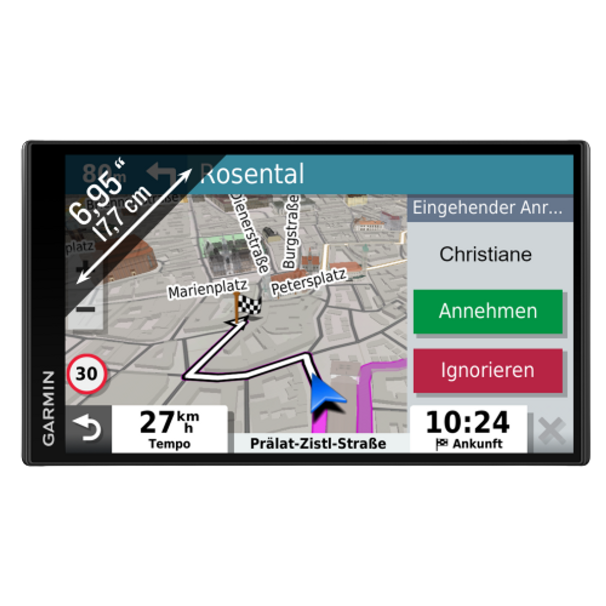 Ekran urządzenia GPS pokazujący mapę z trasą i opcjami nawigacji. Ekran jest czarny.