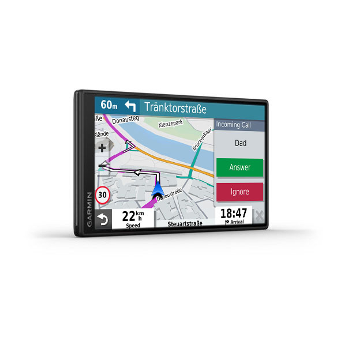 Urządzenie GPS Garmin z mapą, połączeniem przychodzącym od Taty i menu nawigacyjnym.