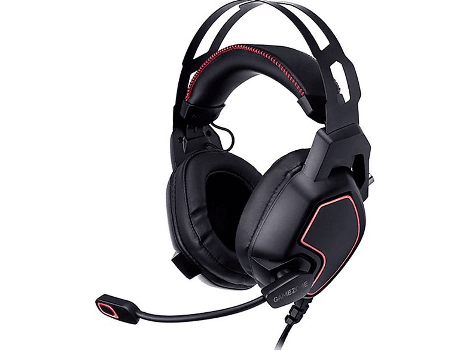 Czarne słuchawki dla graczy z czerwonymi akcentami, mikrofonem i logo 'Gamezone'.