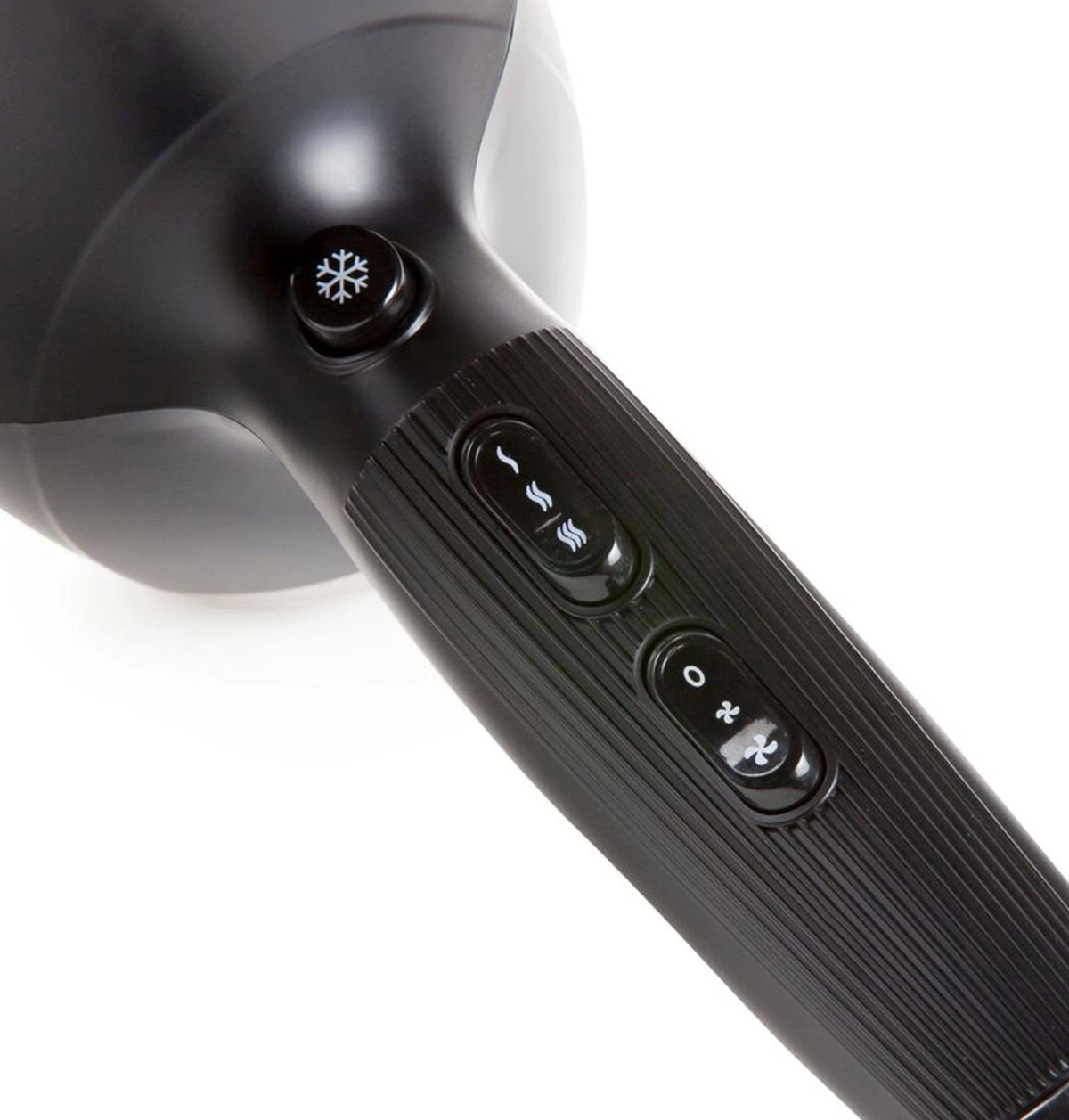 Czarny uchwyt suszarki do włosów z przyciskami sterowania.