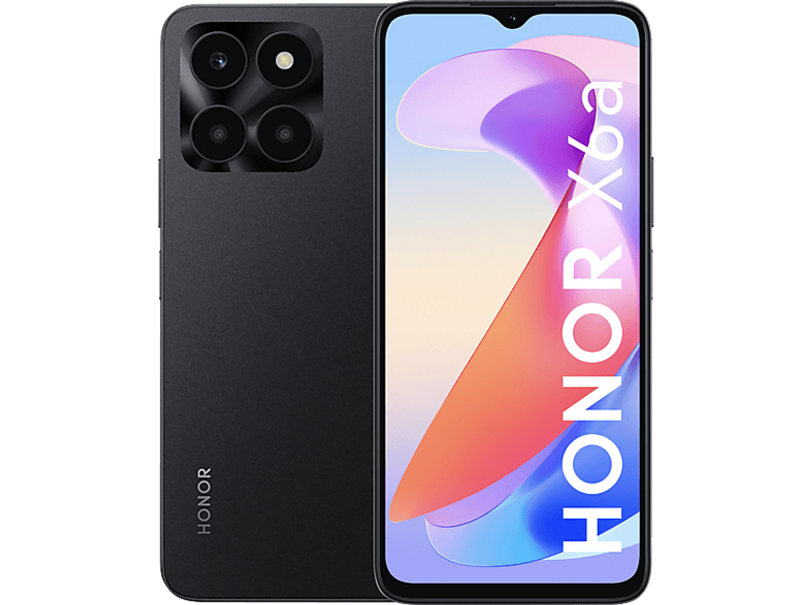 Schwarzes Honor X6a Smartphone vorne und hinten, weißer Hintergrund.