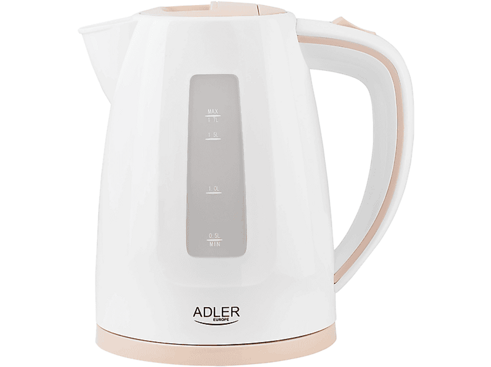 Bouilloire électrique blanche et beige avec indicateur de niveau d'eau sur fond blanc.