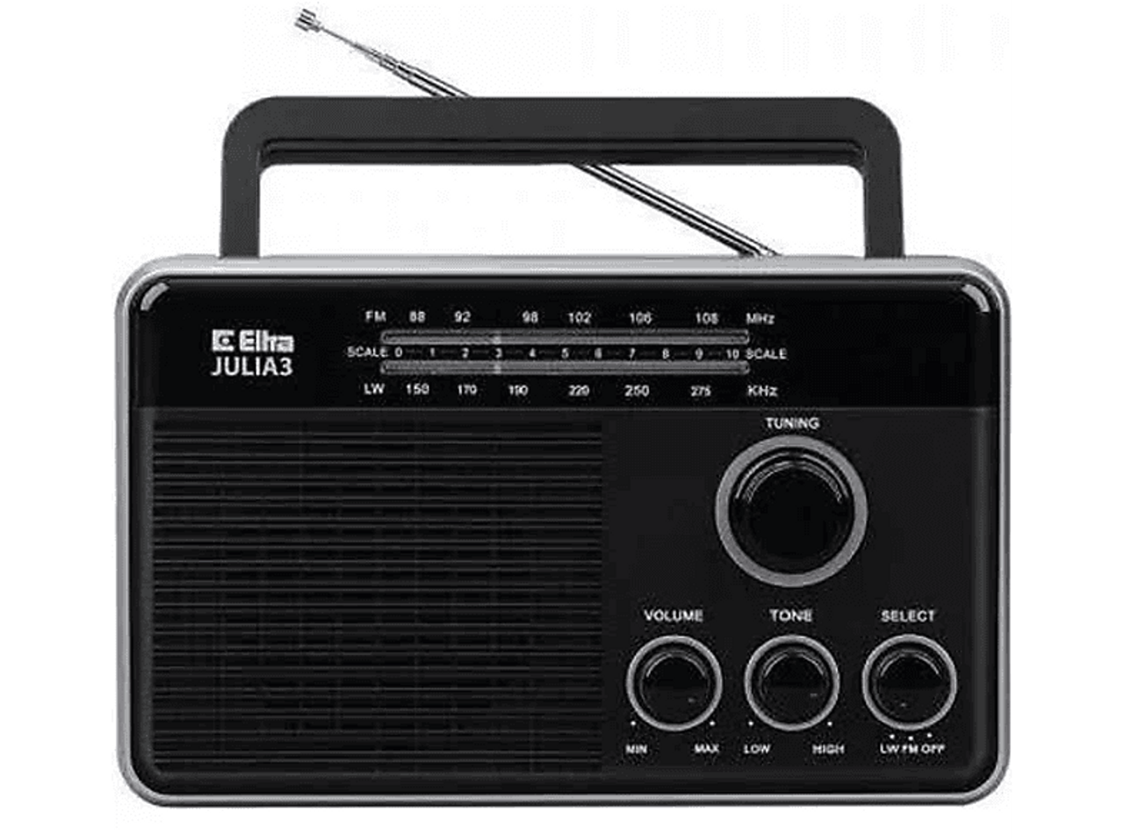 Ein schwarzes Elta Julia 3 Radio mit Drehreglern für Stimmung und Lautstärke.