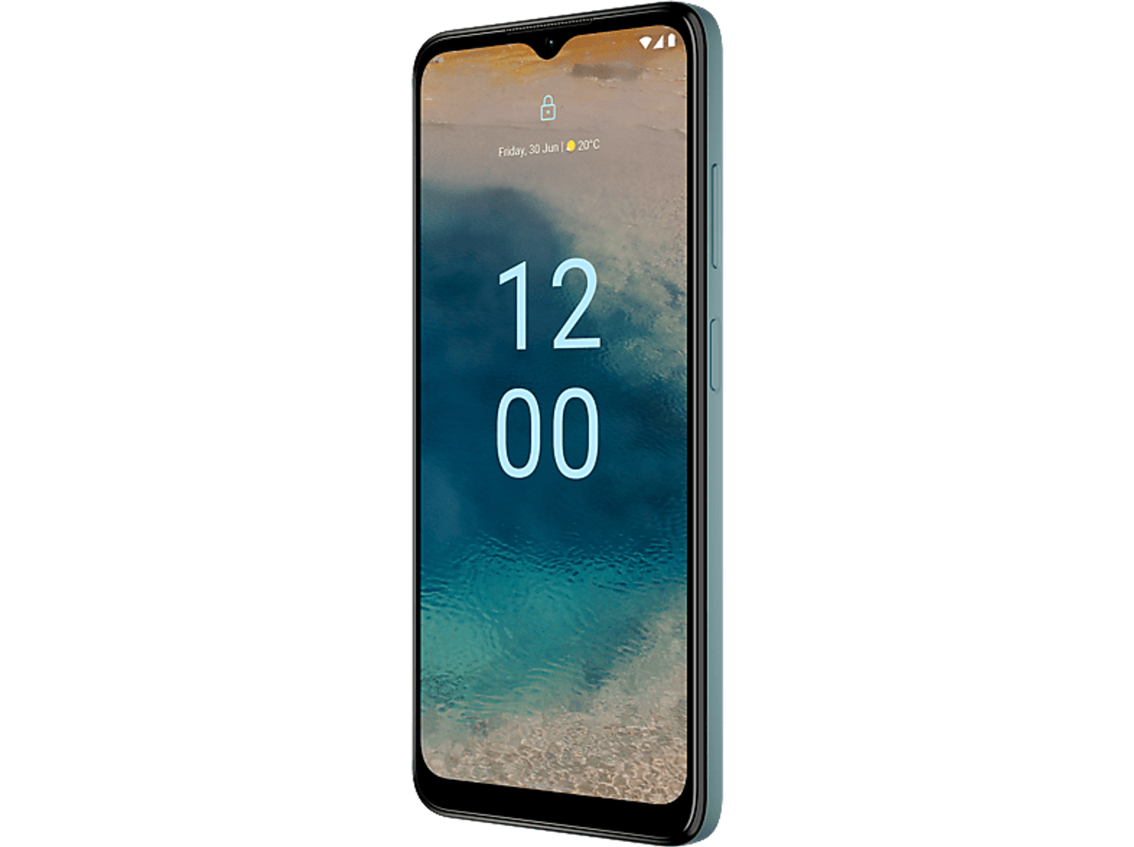 Niebieski smartfon wyświetla godzinę i datę na ekranie, czarne tło.