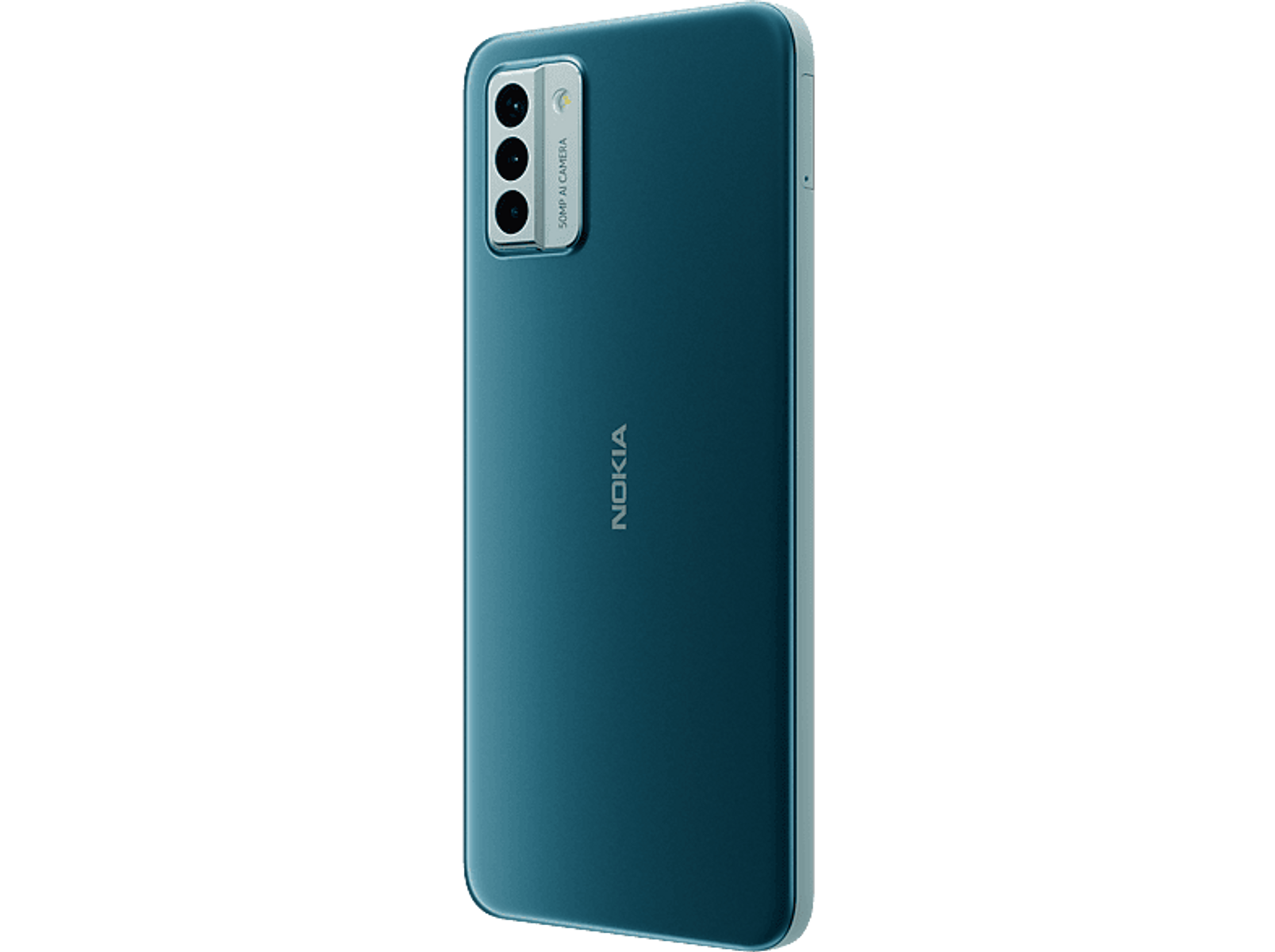 Turkusowy smartfon, ustawiony pod kątem tyłem do góry. Ma trzy aparaty i logo Nokia, odizolowany na czarnym tle.