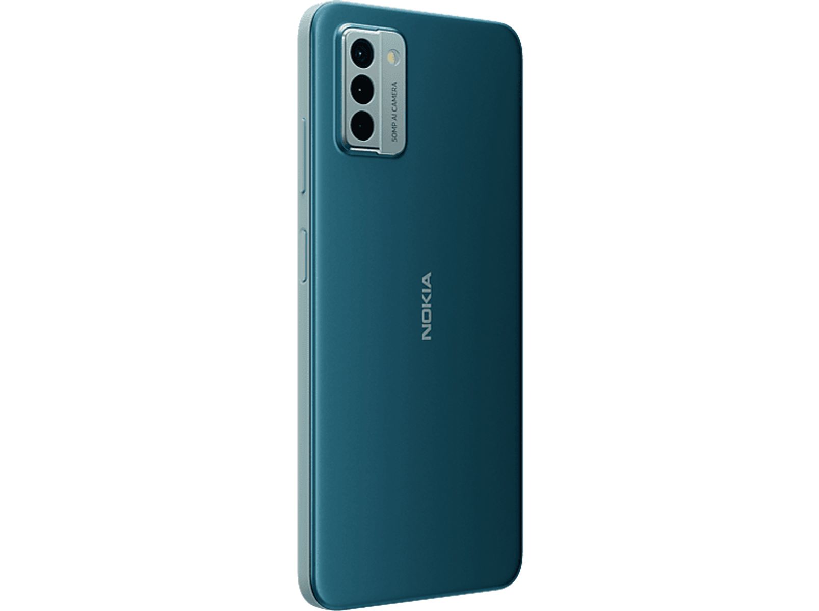 Turkusowy telefon Nokia z potrójnym aparatem i logo Nokia na czarnym tle.