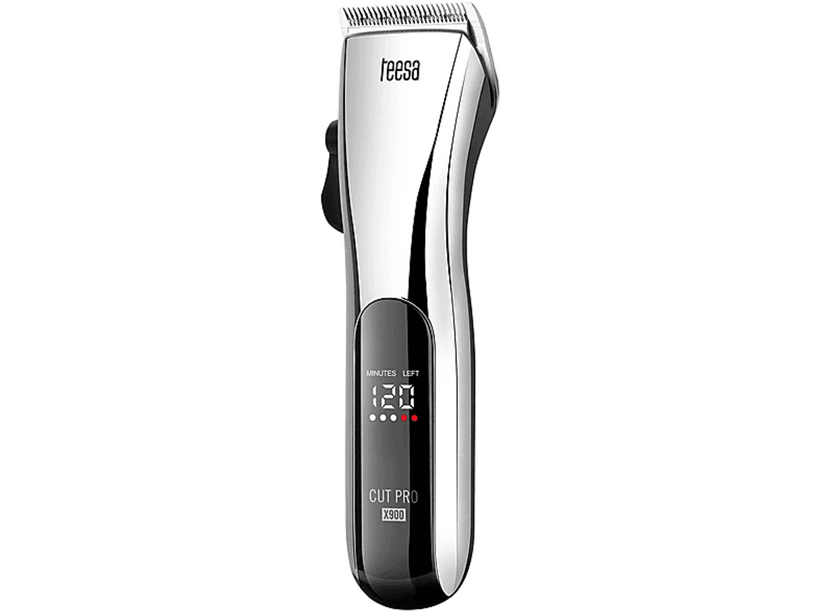 Silberner und schwarzer Teesa Cut Pro X900 Haarschneider mit Digitalanzeige.