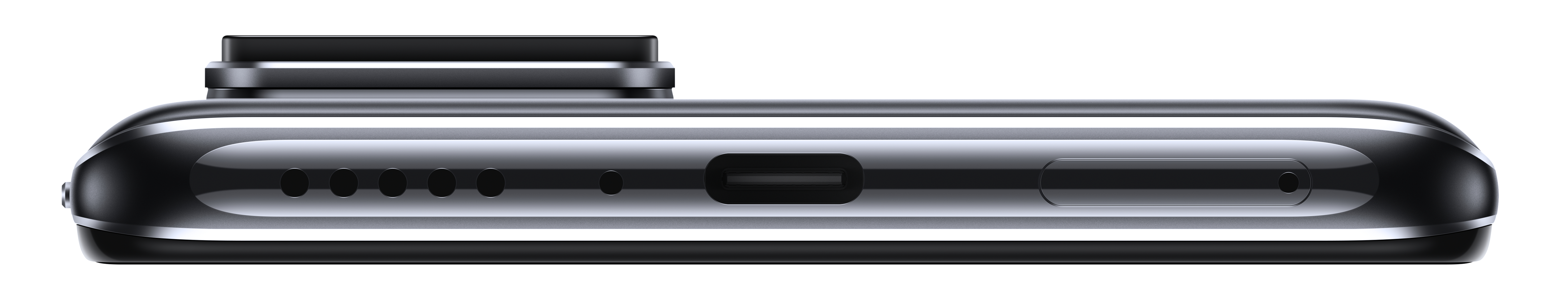 Smartfon, widok od dołu. Czarny ze srebrnymi akcentami. Port ładowania, otwory głośnika i tacka SIM widoczne.