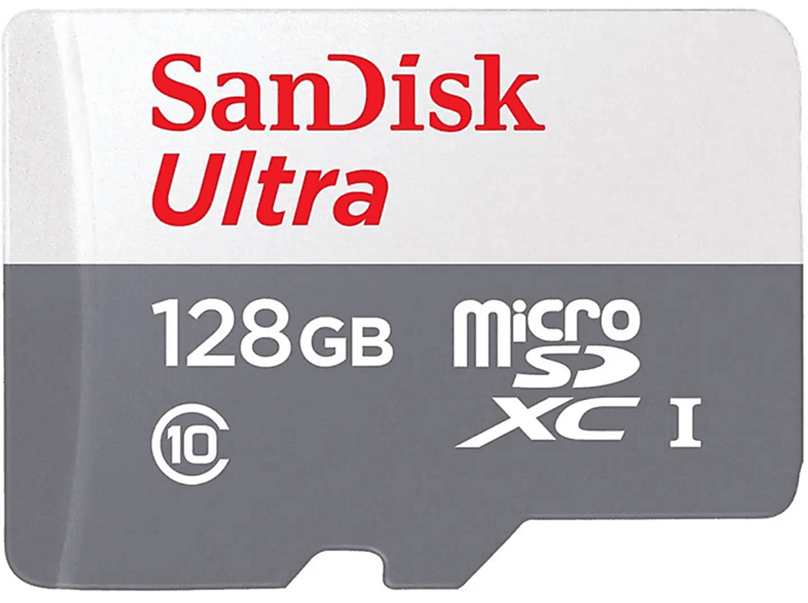Micro-SD-Karte, Sandisk Ultra, mit Text, auf weißem Hintergrund.