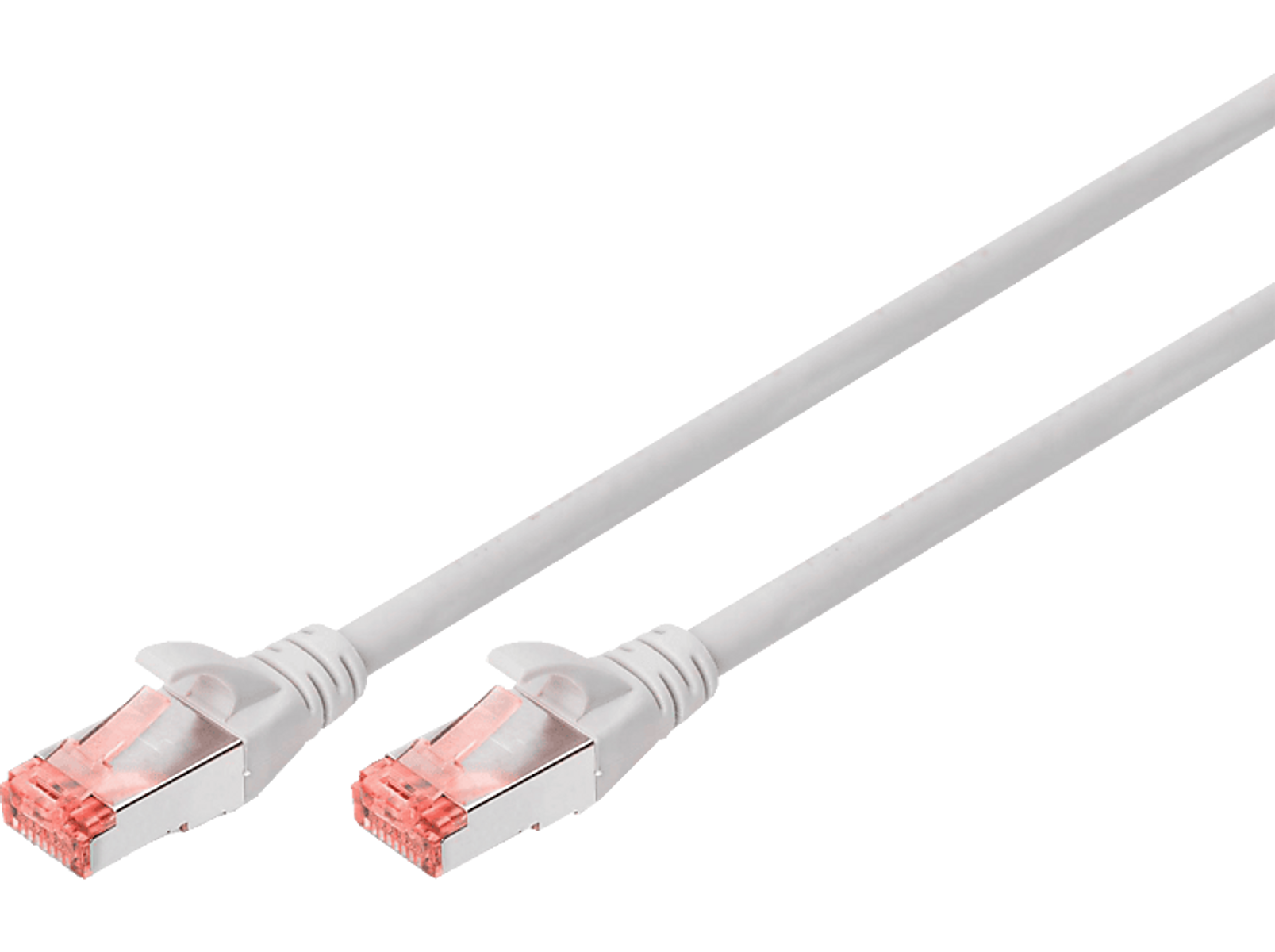 Dwa białe kable sieciowe z czerwonymi złączami. Kable są pochylone, pokazując złącza.