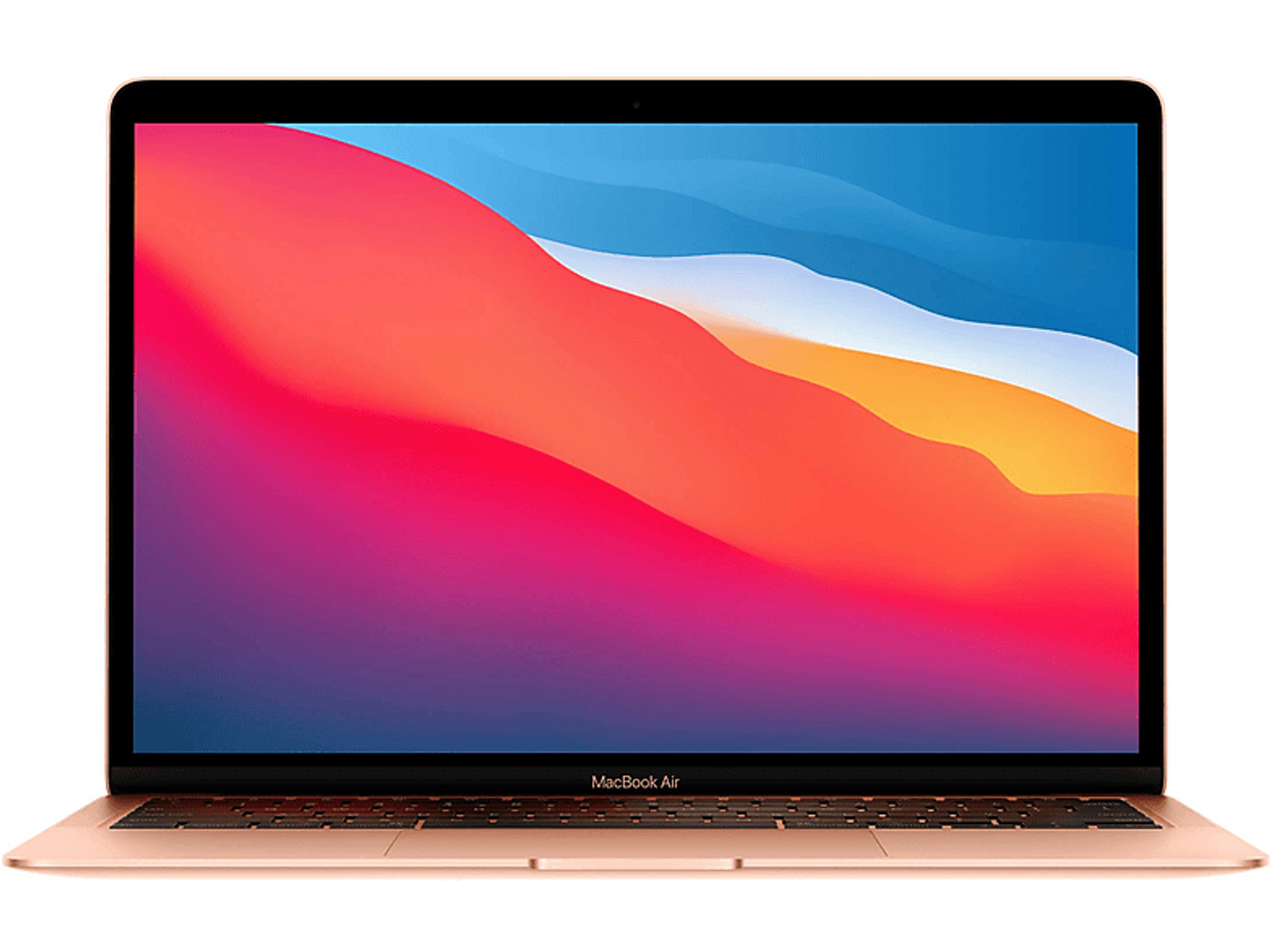Złoty MacBook Air na białym tle. Wyświetlacz pokazuje kolorową sztukę abstrakcyjną.