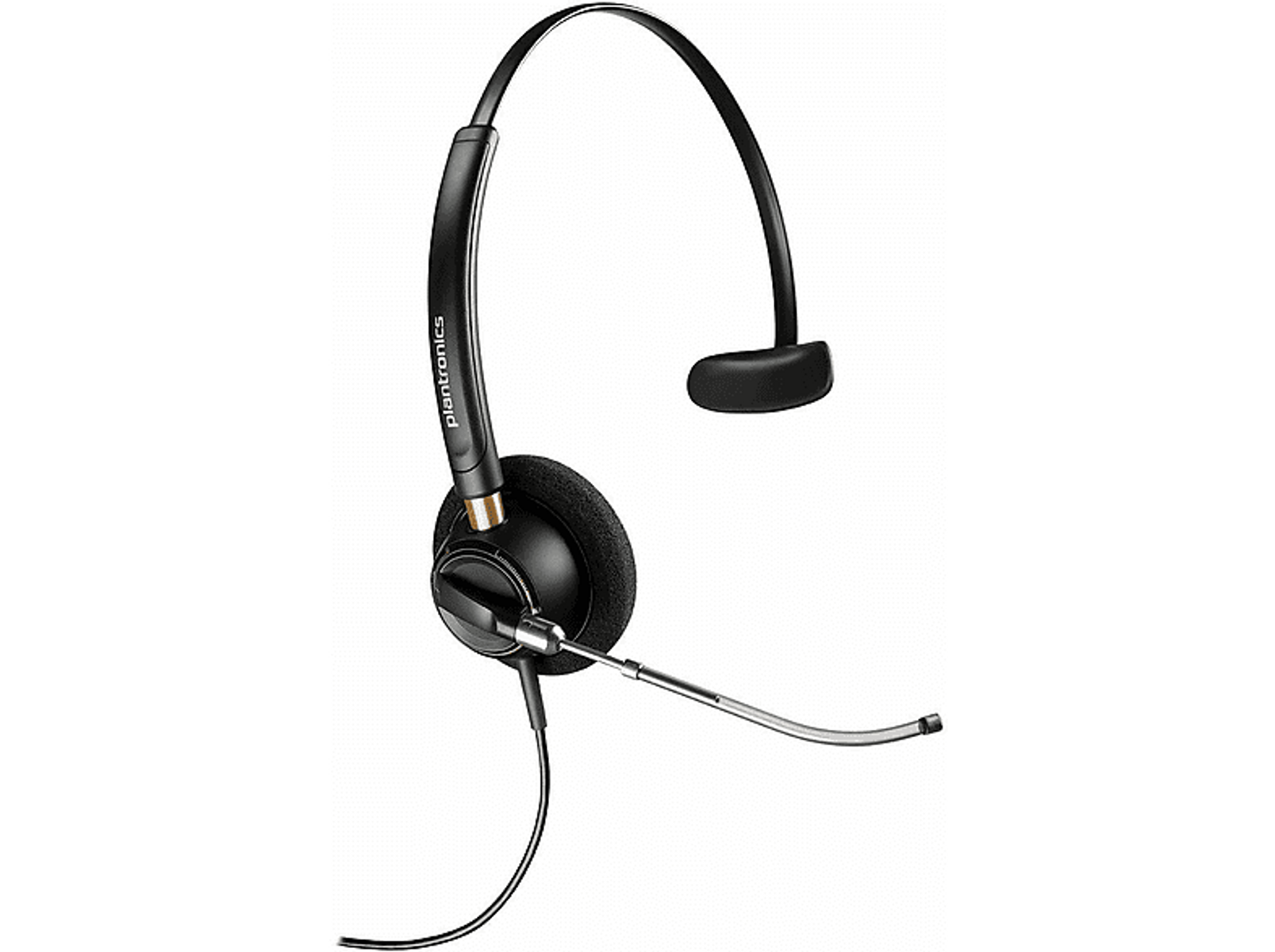 Auriculares Plantronics negros con micrófono. Tiene un diseño sobre la oreja y un micro de brazo.
