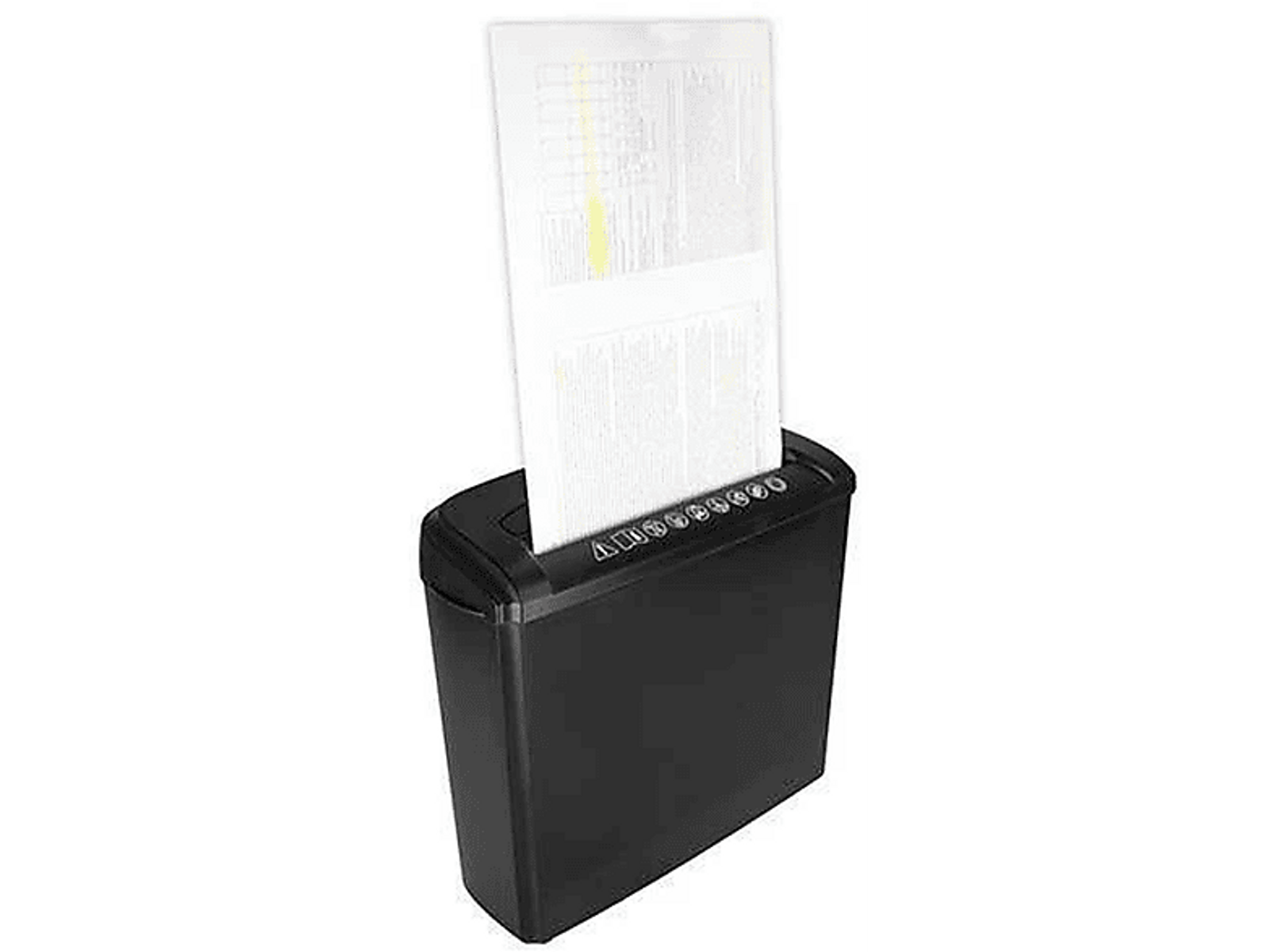 Schwarzer Aktenvernichter, in den Papier eingelegt wird.