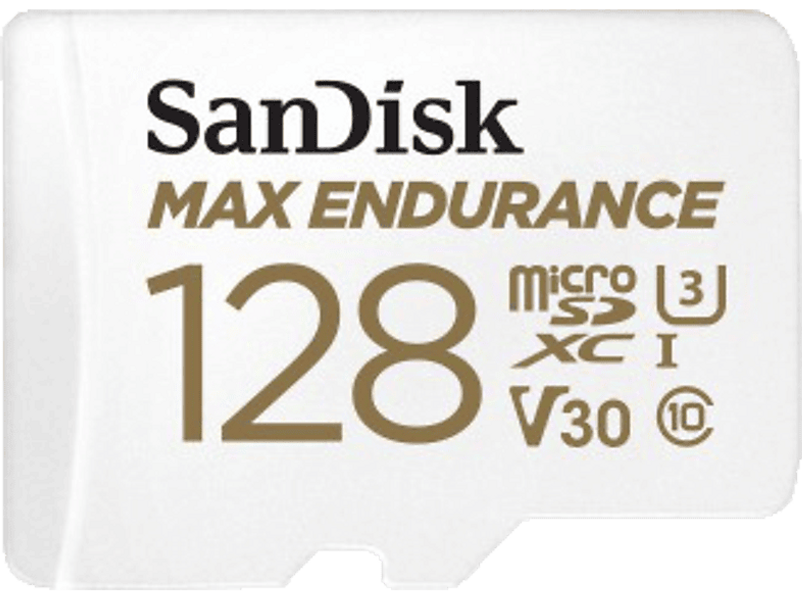 Weiße Sandisk Max Endurance microSD-Karte, 128 GB, mit Logos und Text.