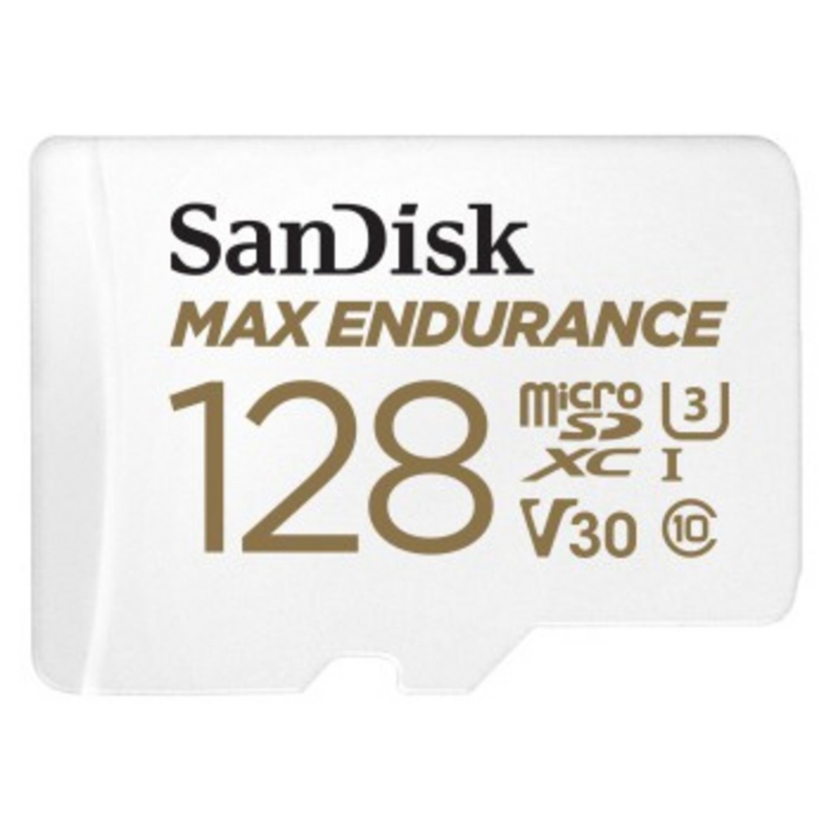Eine weiße SanDisk Max Endurance 128GB microSD-Karte.