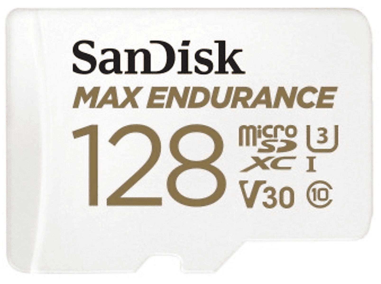 Sandisk 128GB Micro SD-Karte. Weiß mit Text und Logo. Enthält das Label 'MAX ENDURANCE'.