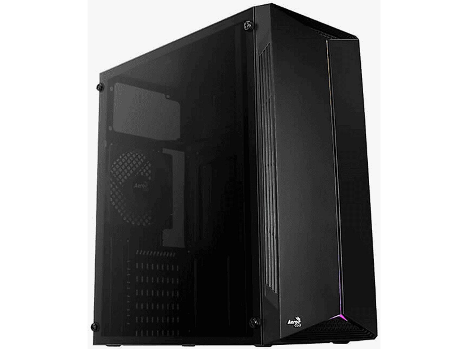 Elegancka czarna obudowa komputera z przezroczystym panelem bocznym. Ma nowoczesny design z widocznymi elementami wewnętrznymi.