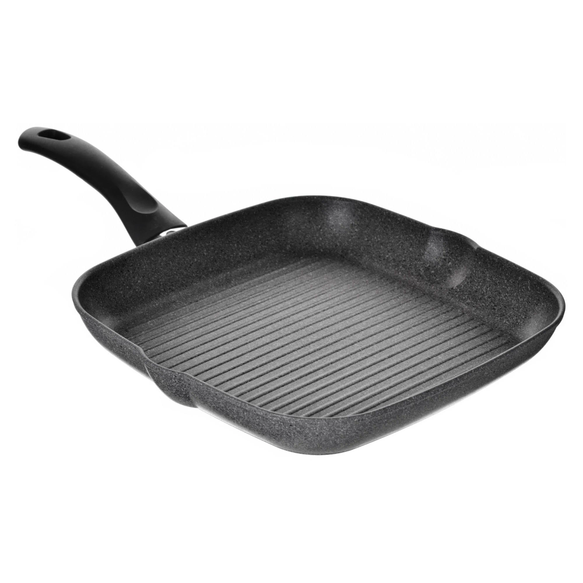 Schwarze quadratische Grillpfanne auf weißem Hintergrund. Es hat Rillen.